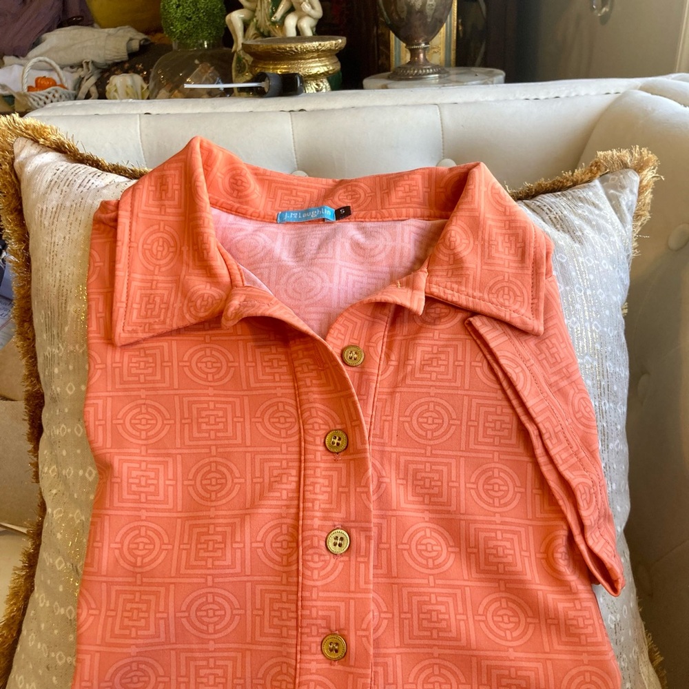 NWT J.McLaughlin Catalina Cloth Coral Geometric 3/4 Gold Button-Front SS Polo S - Picture 9 of 16